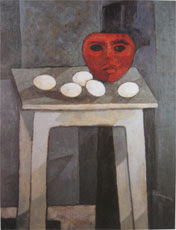 RED MASK AND EGGS ON STOOL