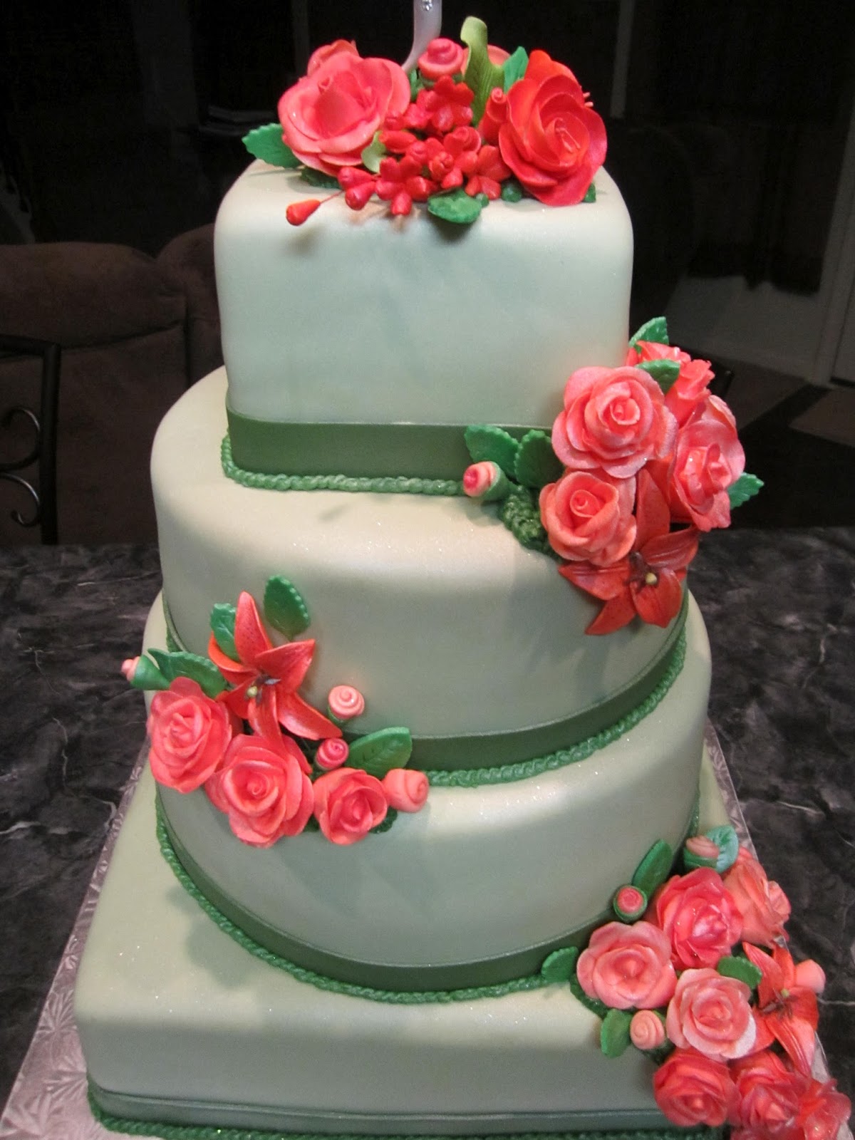MyMoniCakes: Kelly Green Wedding Cake with Handmade Salmon Flowers