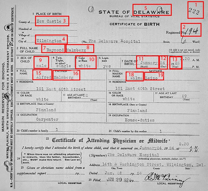 Example of State of Delaware Birth Cert.