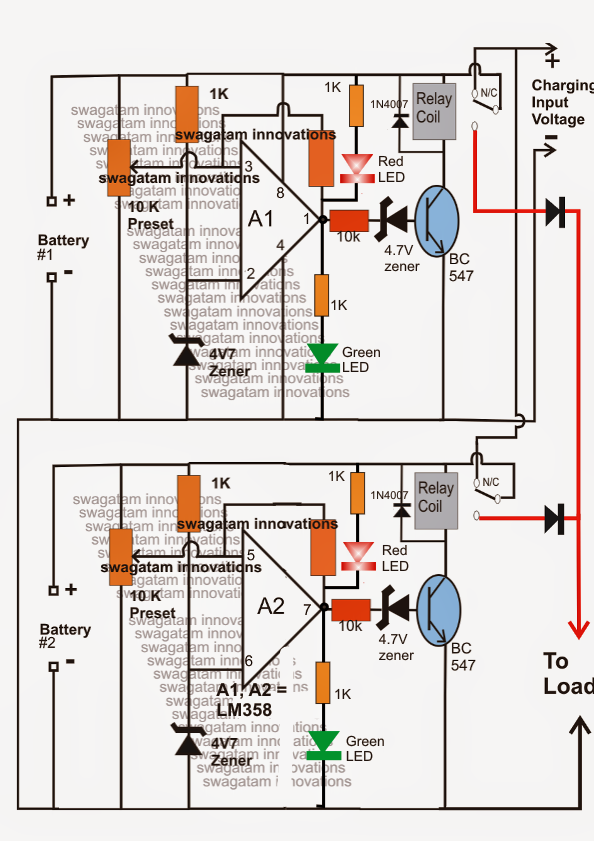 Twin or Split 12V Battery Charger Circuit with AutoChangeover Electronic Circuit Projects