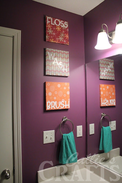 bathroom art, brush, floss, wash, flush, modpodge, 10x10canvas,purple paint