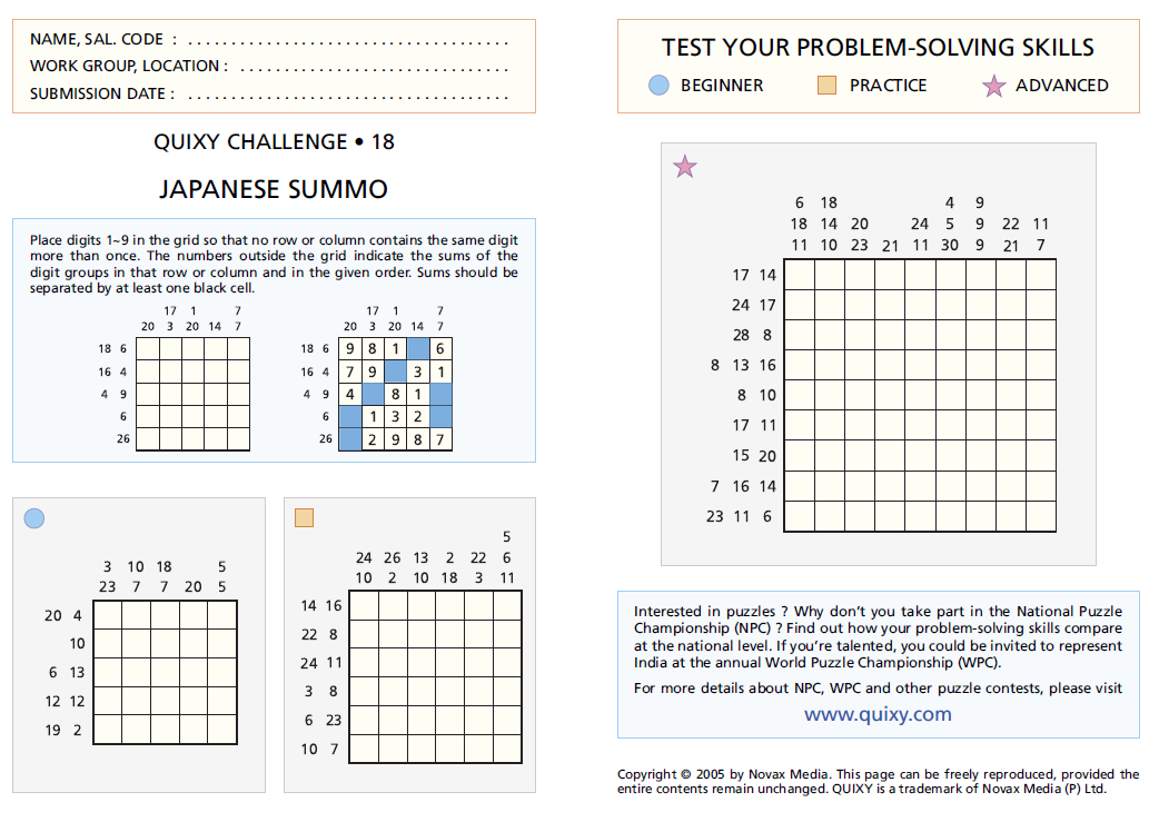 JAPANESE SUMMO or Sums (QC18)Fun With Puzzles