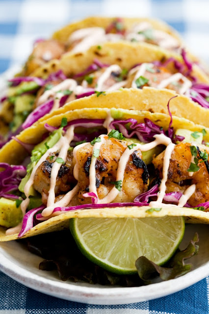 Honey Lime Tequila Shrimp With Avocado, Purple Slaw and Chipotle Crema