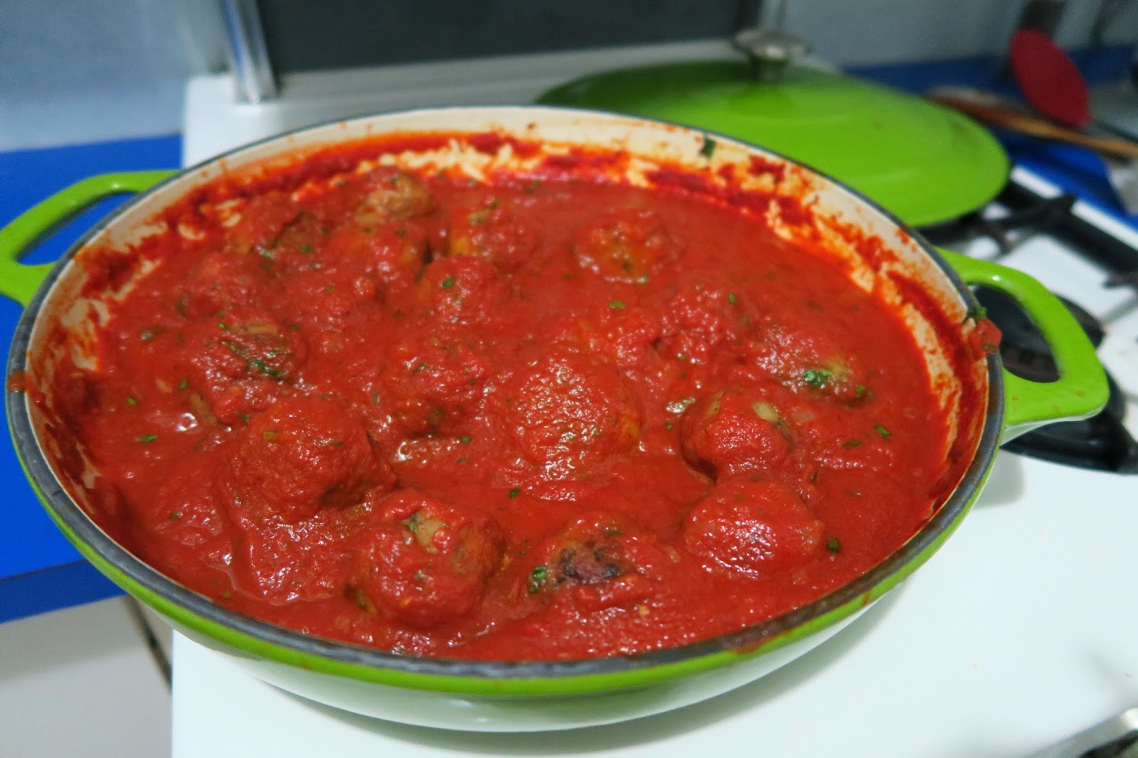 Eggplant and porcini meatless meatballs with tomato sauce.