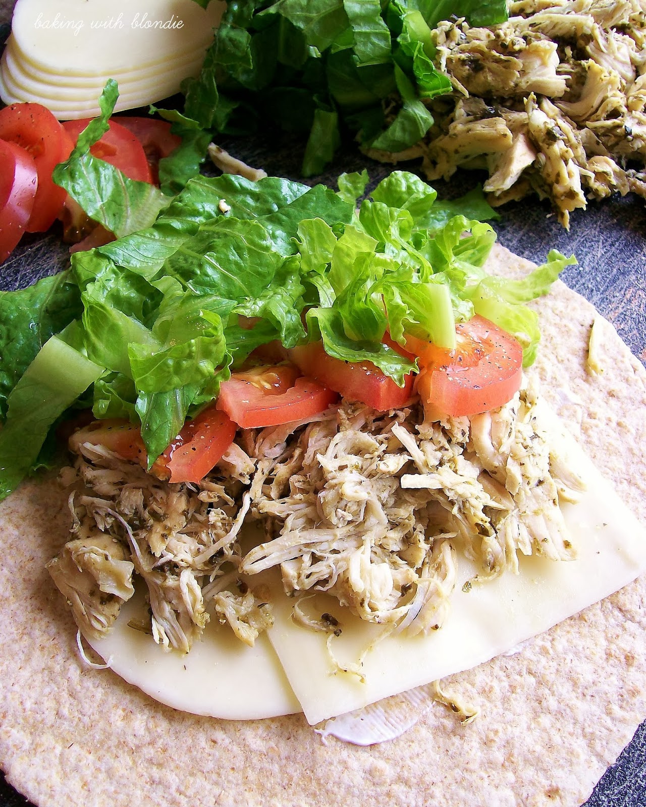 Baking with Blondie Slow Cooker Basil Pesto Chicken Wraps