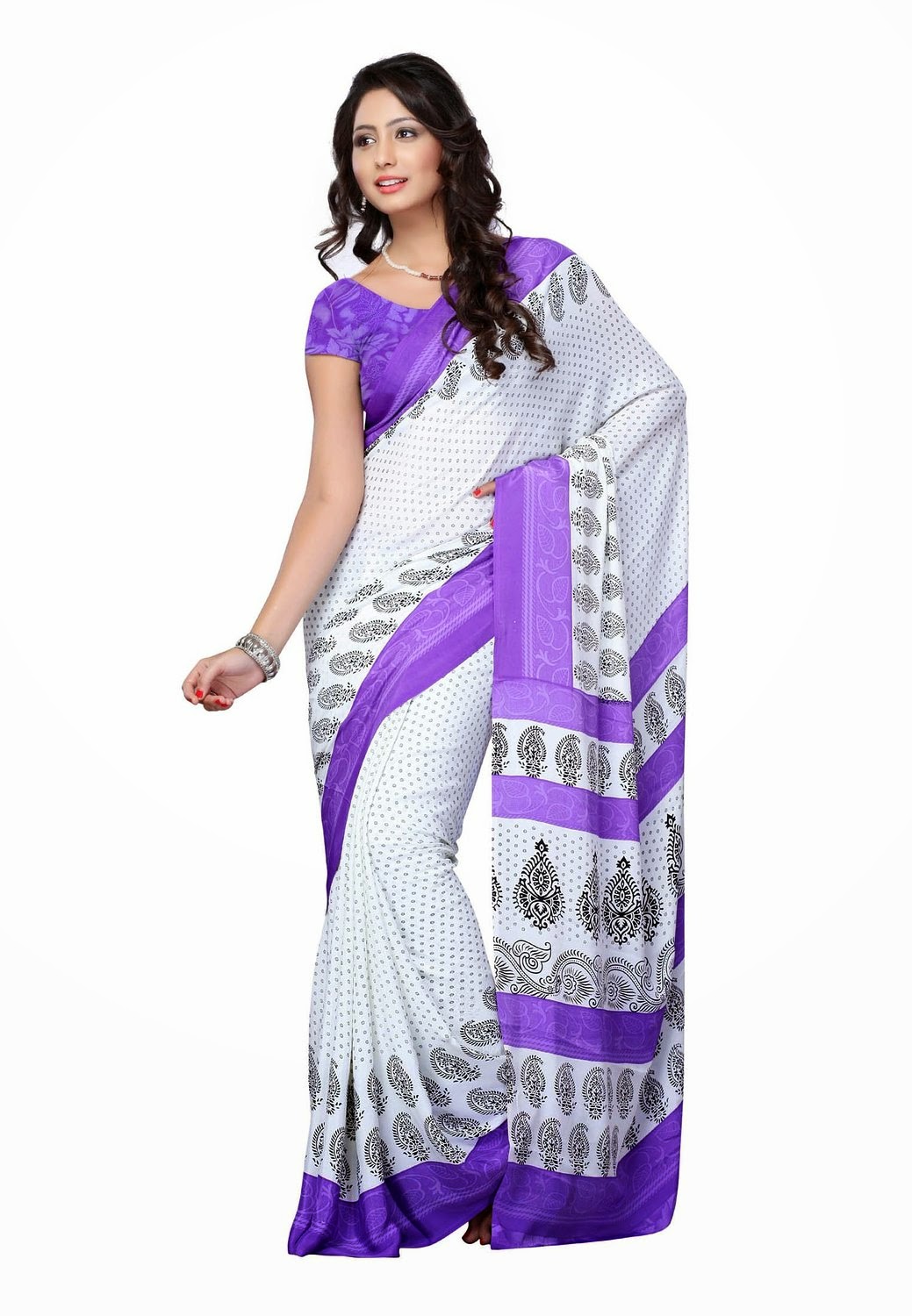  white with violet Printed georgette saree