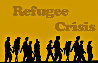 Refugee Crisis - silhouetted refugees against a yellow background