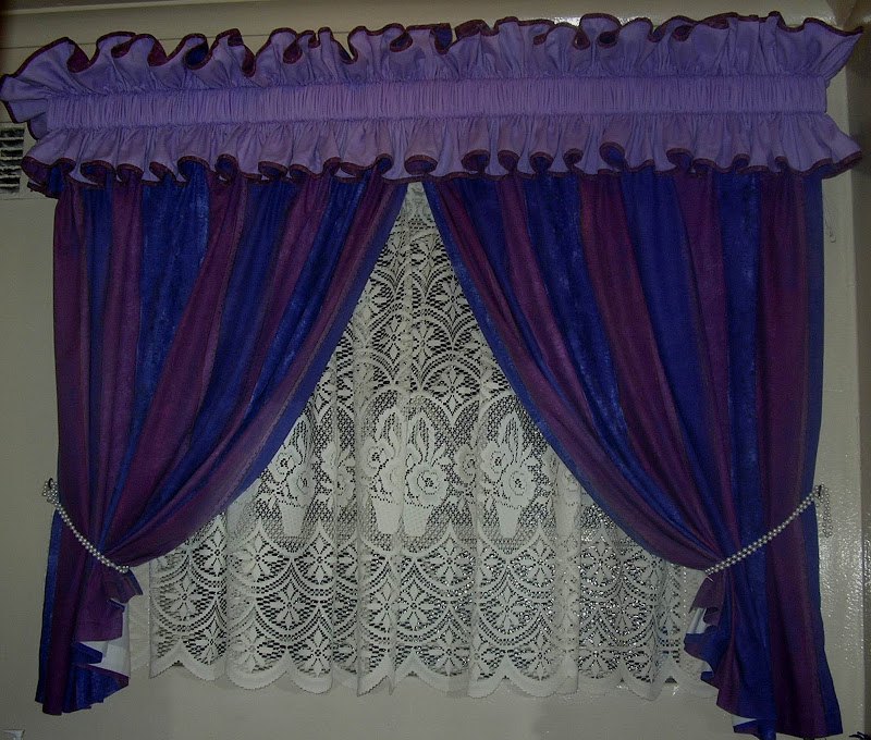 Purple and blue stripe bathroom curtains. title=