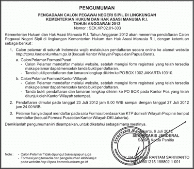 Pengumuman CPNS Kemenkumham 2012 Online di Cpns.kemenkumham.go.id