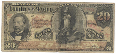 Mexican paper money 20 Pesos banknote bill, Banco de Londres y Mexico