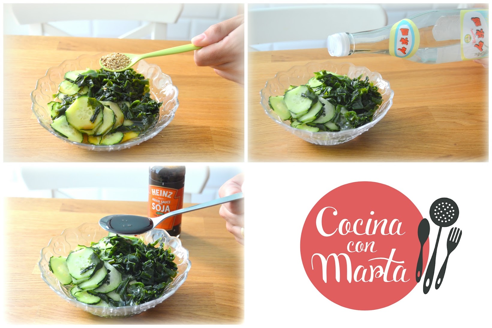 Ensalada Casera de pepino y algas wakame, receta japonesa. Fácil, sana, rápida. Cocina con Marta