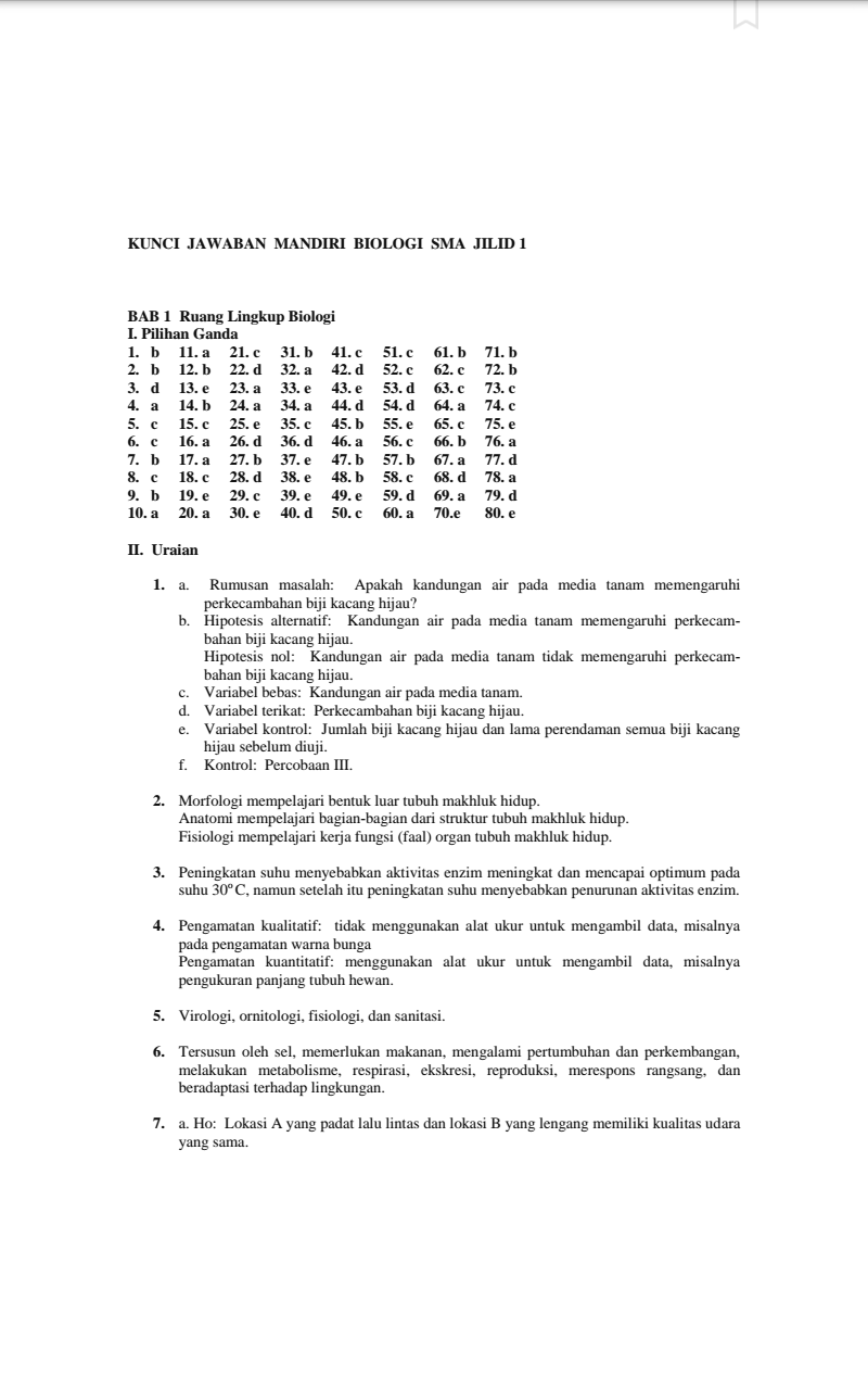 Xabili Indo Xabili Indo Kunci Jawaban Mandiri Biologi Kelas 10