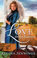 Love in the Balance by Regina Jennings cover of Love in the Balance by Regina Jennings shows a fashionable lady in a blue dress holding a white parasol surrounded by trunks standing on a porch while a wagon approaches on a dirt road