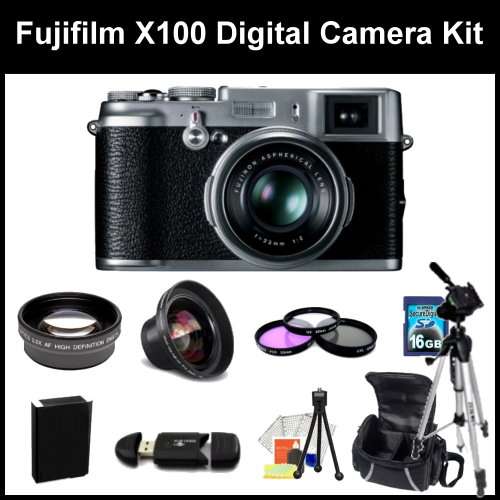 Fujifilm X100 Digital Camera Kit. - 16128244 - Package Includes the Fuji X100, 0.45X Wide Angel Lens, 2X Telephoto Lens, 3 Piece Filter Kit(UV-CPl-FLD), 16GB Memory Card, Memory card Reader, Extended Life Replacement Battery, 67