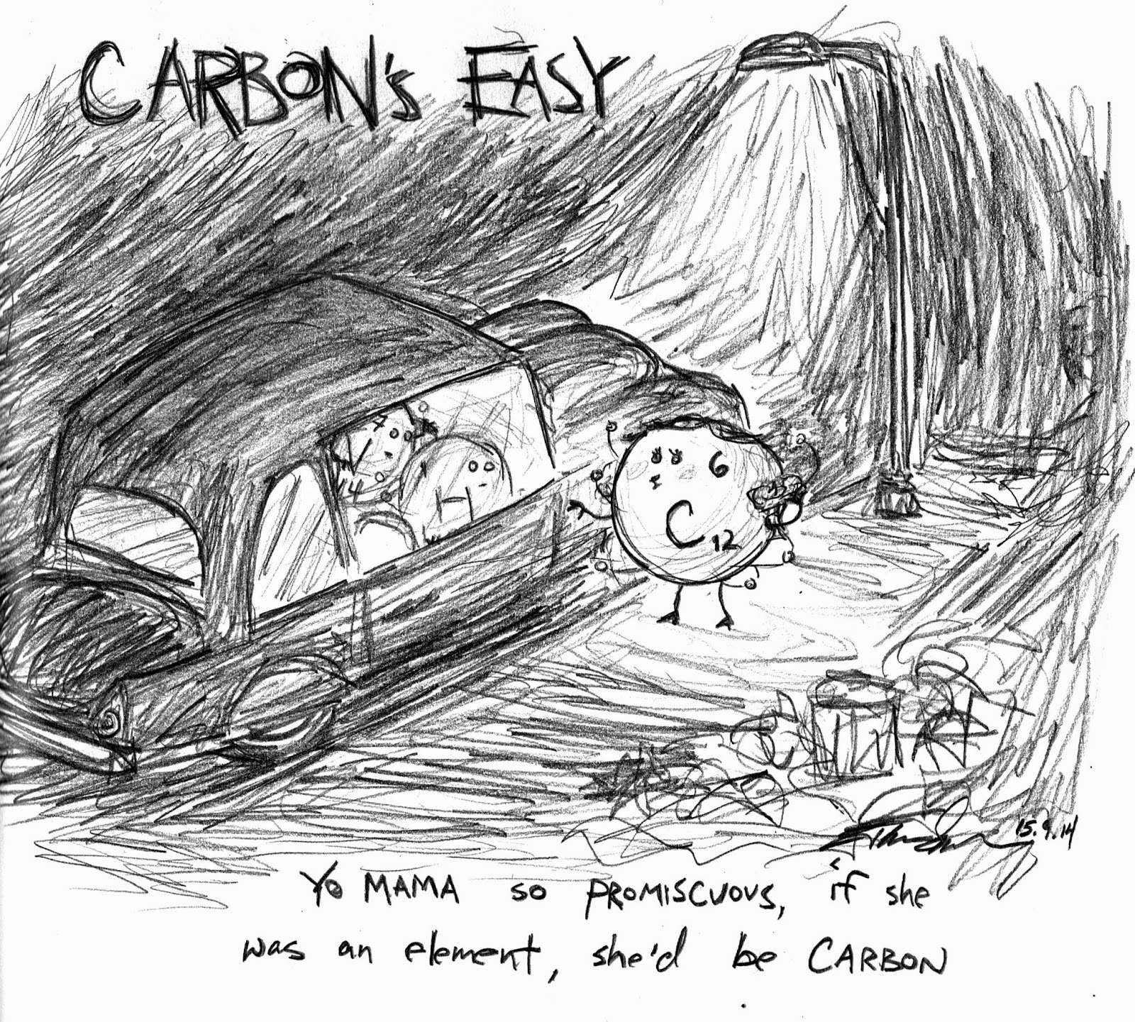 "Carbon's Easy" Yo mama so promiscuous, if she was an element, she'd be carbon...
