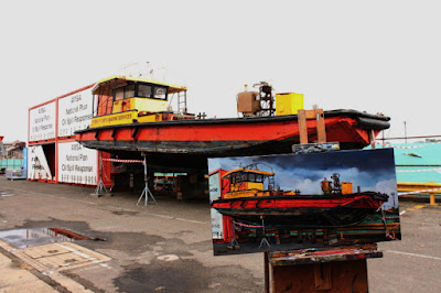 plein air oil painting of the 'Poolya' work boat at Glebe Island by artist Jane Bennett