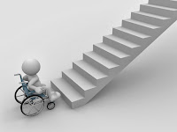 3-d white stick figure in a wheelchair at the bottom of a flight of stairs