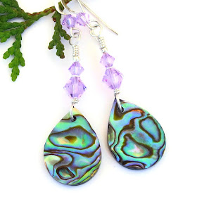 Paua Abalone Shell Earrings, Purple Green Teardrop