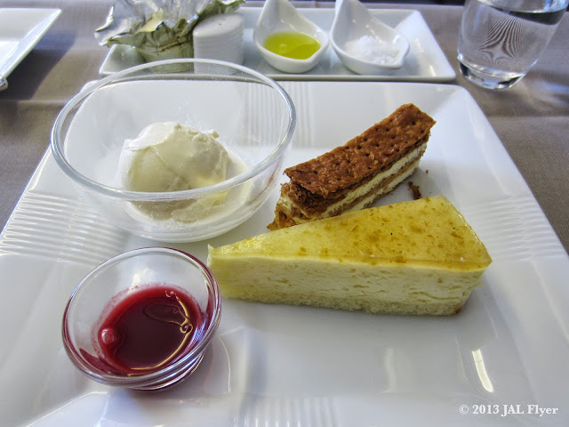 JAL First Class Trip Report on JL005: Grand Dessert - "Yuzu" Mousse Cake, Mille-feuille with Raspberry Sauce, Vanilla Ice Cream