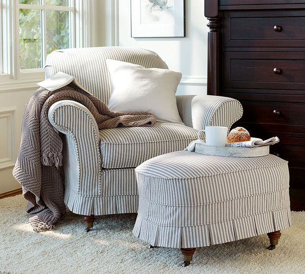 Easy Chair and Ottoman Slipcovered in Ticking Content in a Cottage