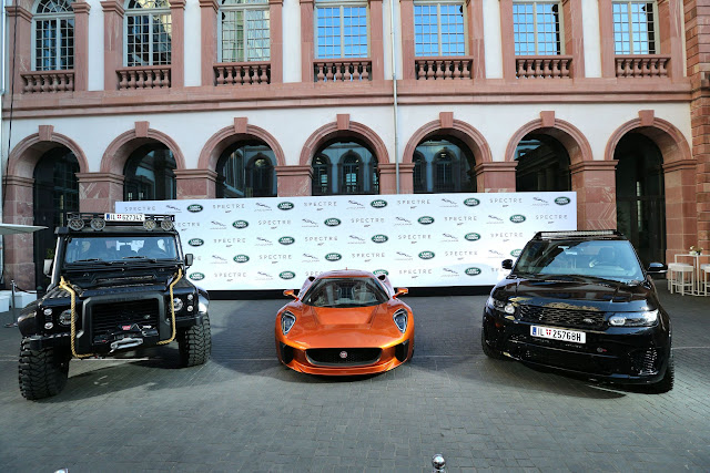 FRANKFURT AM MAIN, GERMANY - SEPTEMBER 15: A general view during the presentation of the Jaguar Land Rover vehicles starring in the new Bond film 'Spectre' on September 15, 2015 in Frankfurt am Main, Germany. (Photo by Gisela Schober/Getty Images for Jaguar Land Rover)