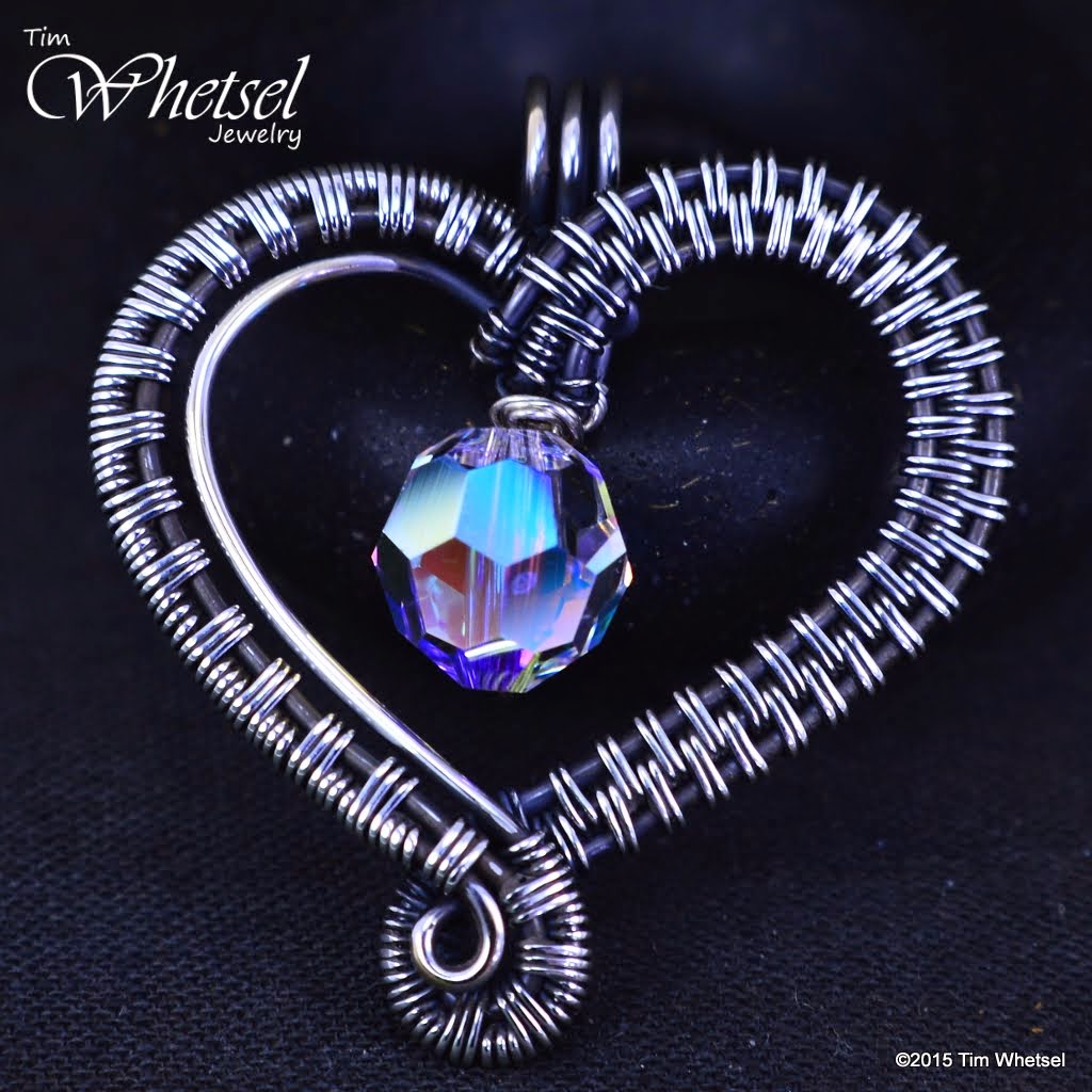 Handmade Sterling Silver Wire Wrapped Valentines Day Heart with Swarovski Faceted Crystal Bead - ©2015 Tim Whetsel Jewelry