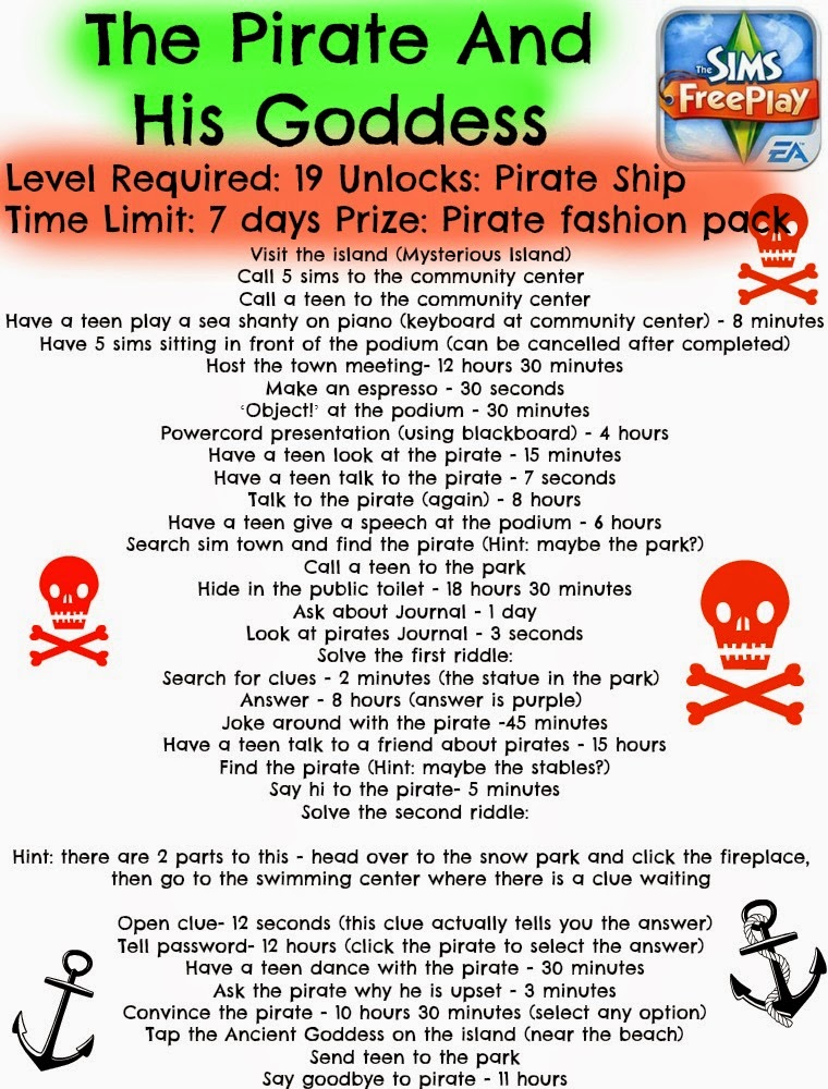 Sims Freeplay The Pirate And His Goddess Quest Greenoid Gemzicle