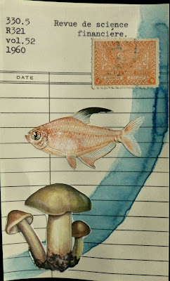 Adam Smith Revue de science financiere library card postage stamp fish mushroom Dada Fluxus mail art collage