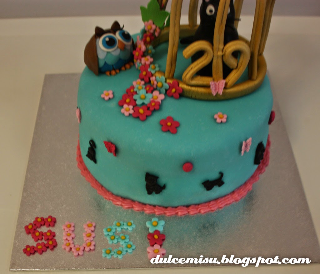 tarta, cumpleaños, jaula, gato, búho, fondant, dulcemisu, flores, reposteria creativa