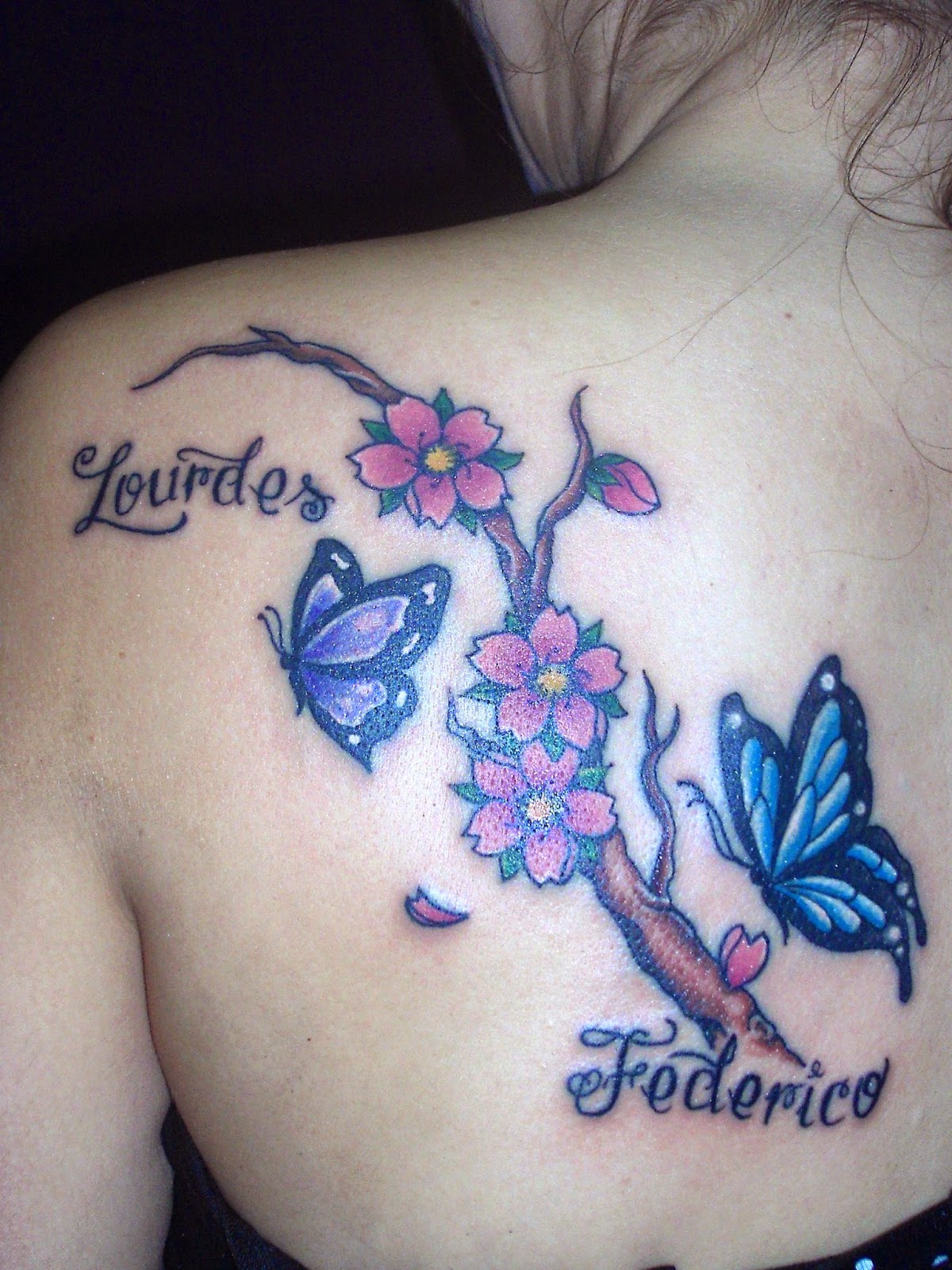 tatuajes de flor de cerezo con mariposas