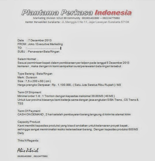 Plantama Perkasa Indonesia Pt Contoh Surat Penawaran Bata Ringan