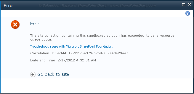 The site collection containing this sandboxed solution has exceeded its daily resource usage quota. The site collection containing this sandboxed solution has exceeded its daily resource usage quota.