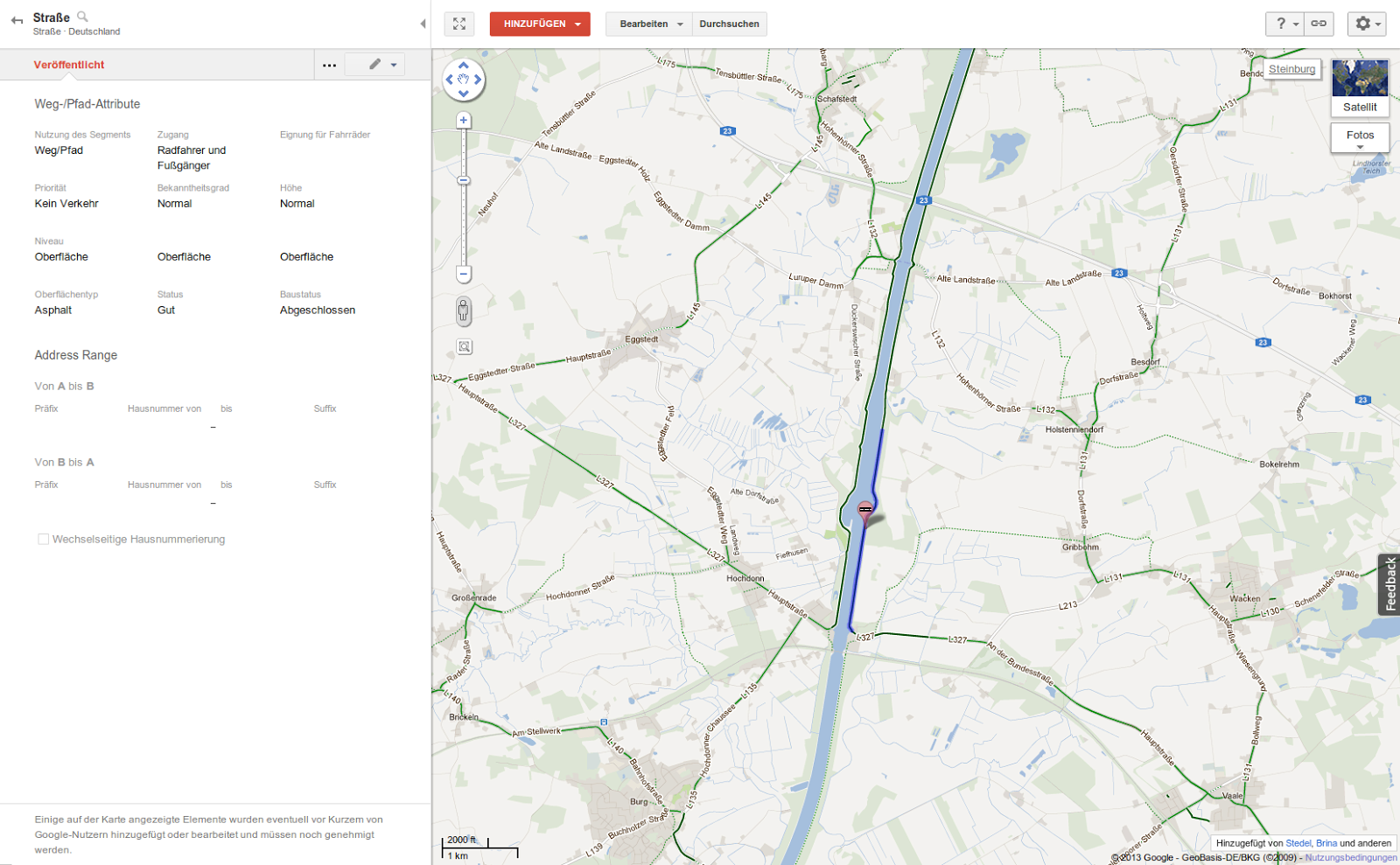 Ein Fahrradweg am Nord-Ostsee-Kanal auf Google Map Maker