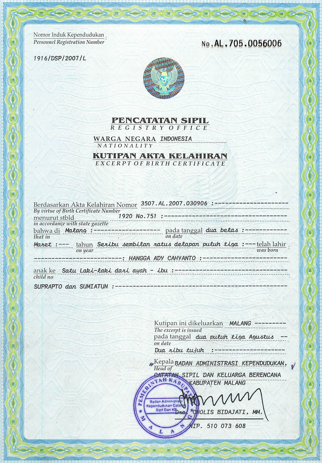 Contoh Akte Kelahiran