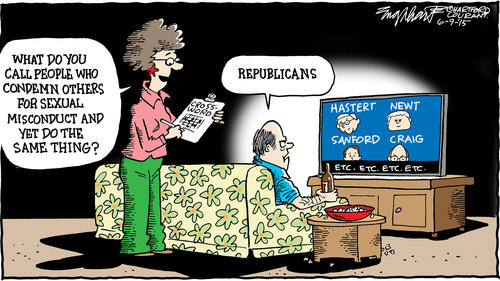 Woman doing crossword puzzle:  What do they call people who condemn persons for sexual misconduct while doing the same thing.  Man:  Republicans.