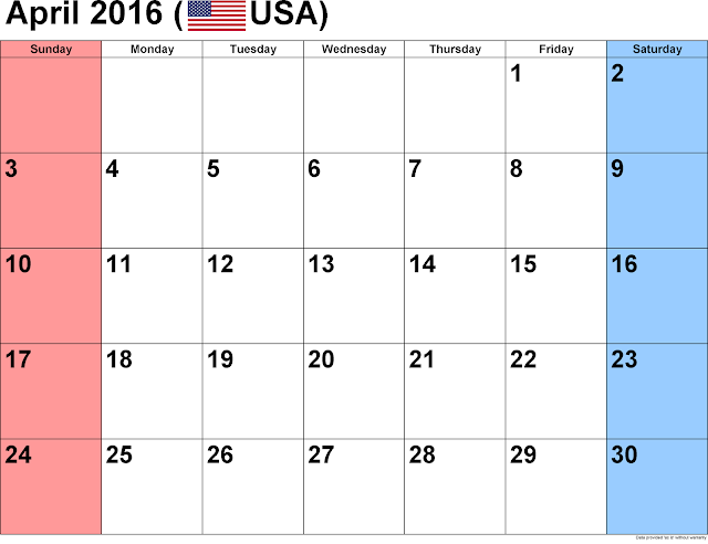 April 2016 Calendar with US Holidays Free, April 2016 Printable Calendar Cute Word Excel PDF Template Download Monthly, April 2016 Blank Calendar Weekly