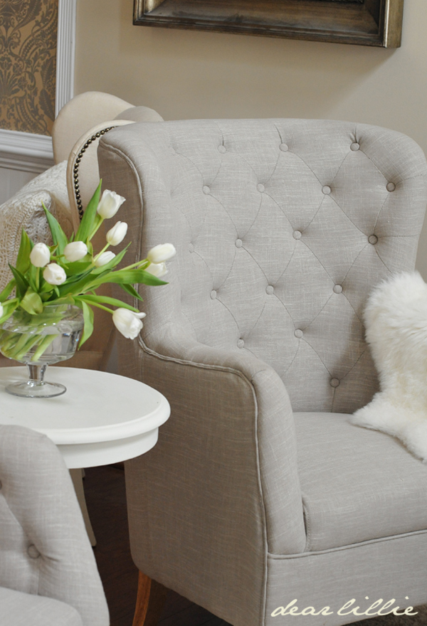 Dear Lillie New Tufted Chairs, Nest Pillows with Blue Eggs and He Has