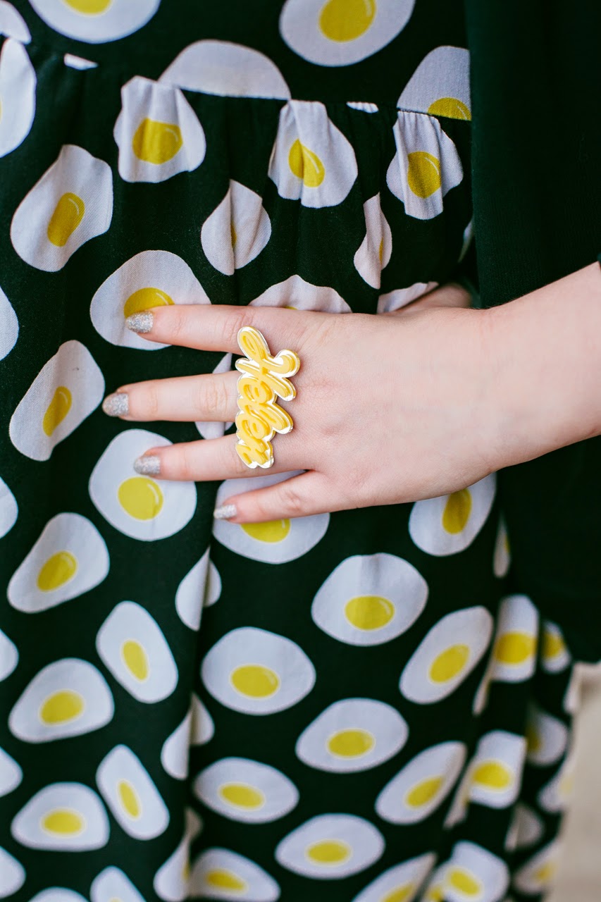 Helen Mint and Chillies Edinburgh Blogger, Scottish Blogger, Mint and Chillies, Ginger, Red Head, cat eye glasses, The Whitepepper egg dress, Bonnie Bling, Bonnie Bling name ring, name ring, personalised ring