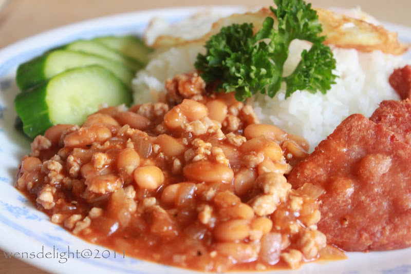 Wen's Delight Weekend Cooking I Minced meat & baked bean with rice