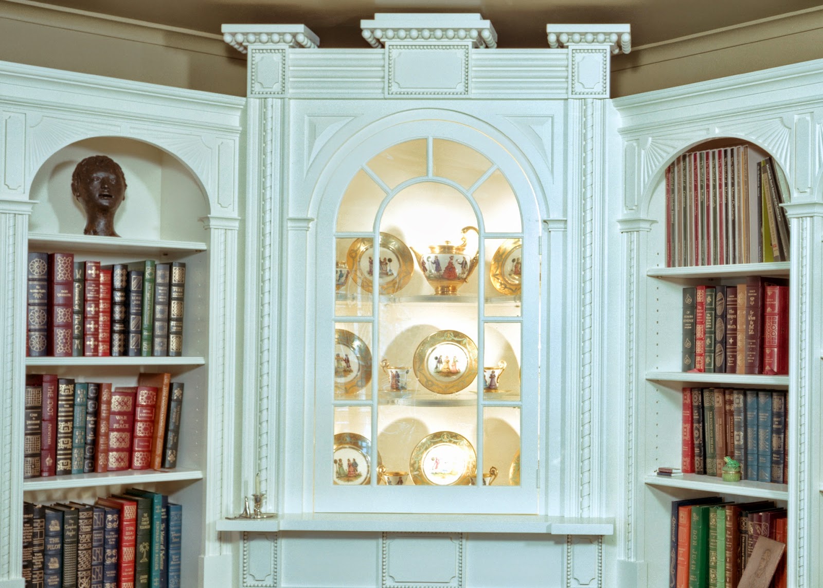 painted, white, library with fireplace and cabinetry, design styles and ideas for interior woodworking