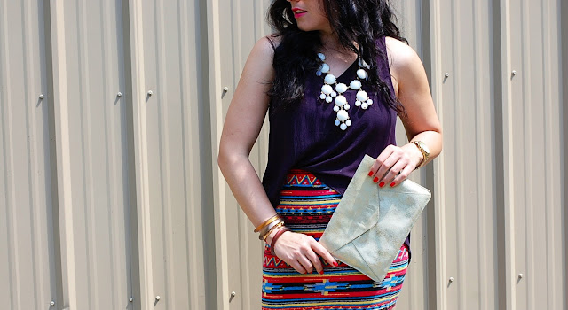Vancouver fashion blogger,Southwestern bodycon mini skirt, hi-low tank and an Ily Couture statment necklace.