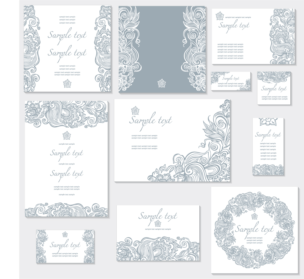 植物柄の結婚式の招待状テンプレート Floral ornate wedding invitation templates イラスト素材1