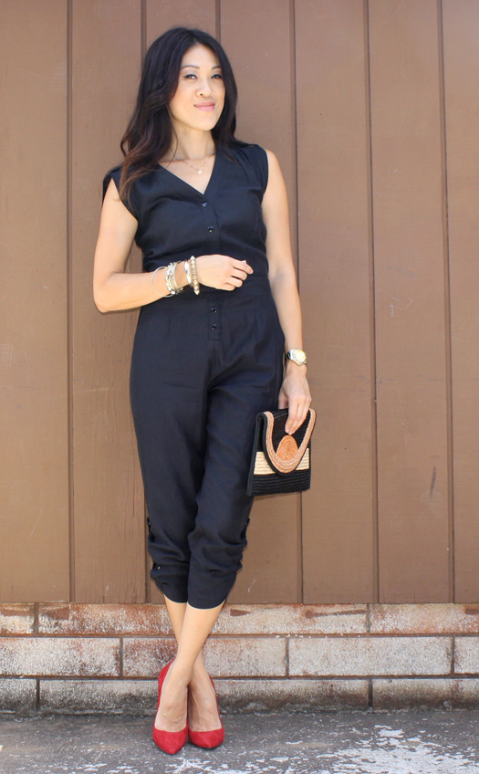 oomph. a week of red heels. silk jumpsuit.