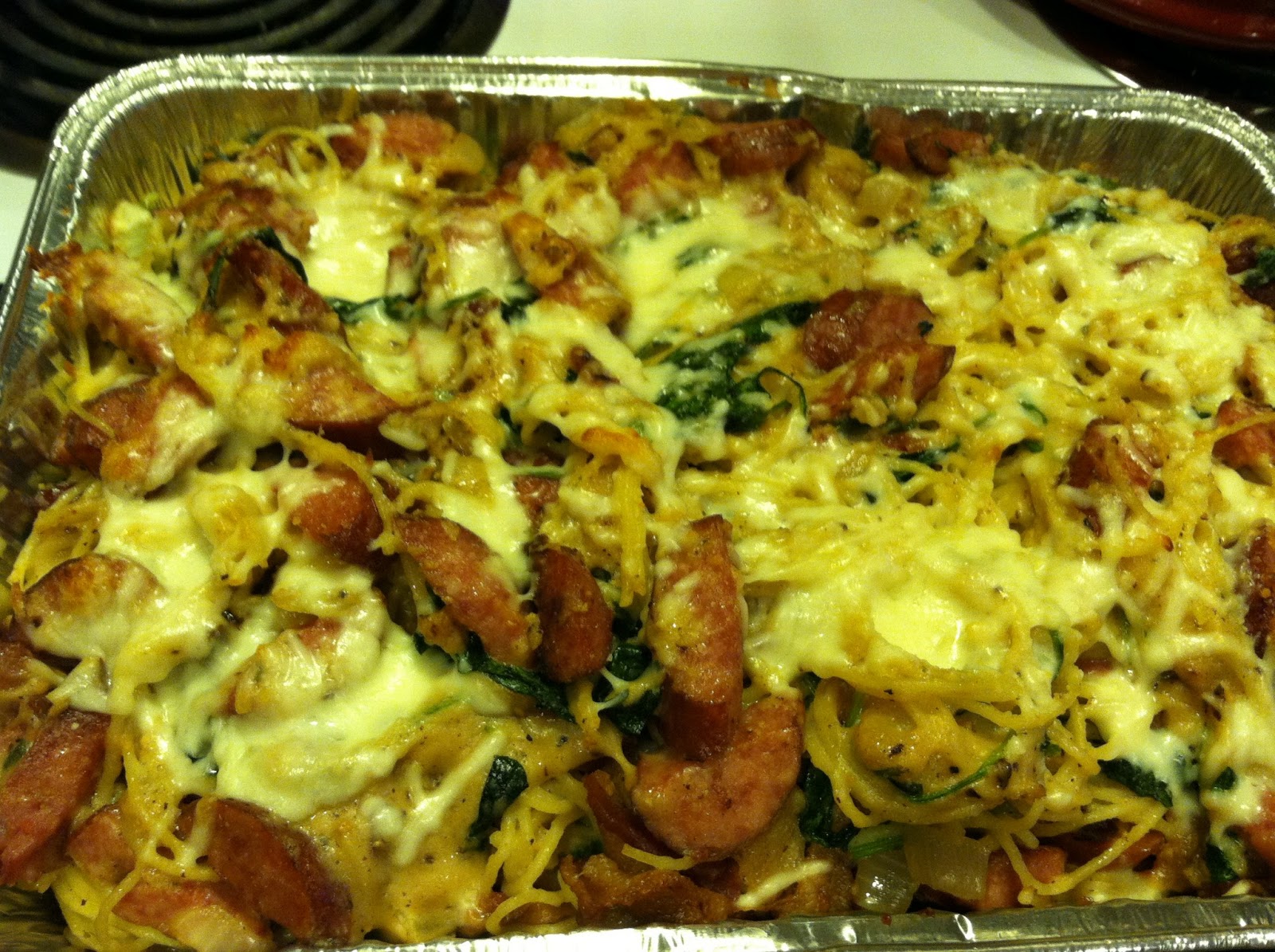 Sausage, Bacon, Spinach Spaghetti Bake Journey To My New Me