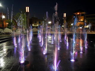 Colorful lit fountain in downtown Rapid City, South Dakota