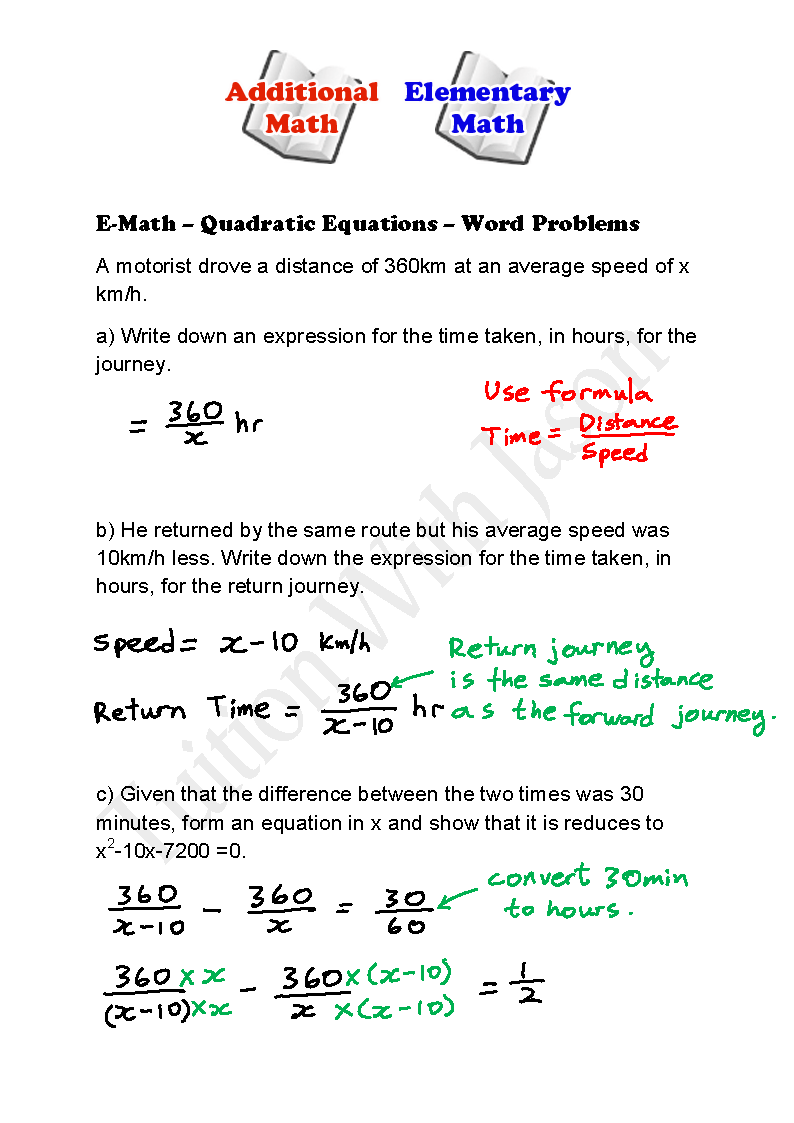 worksheet Quadratic Equations Word Problems Worksheet e math quadratic equations word problems singapore problems