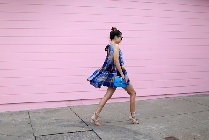 Shall We Sasa Summer Swing dress and Nordstrom anniversary sale chicwish Breezeway Tartan Sleeveless Crepe Dress, valentino lock bag, schutz lace up sandals, lace up sandals, updos, karen walker super duper sunglasses, hermes bracelet, chanel earrings, twirling, swing dress, chic wish dress, nordstrom anniversary sale, nordstrom anniversary beauty sale, nsale
