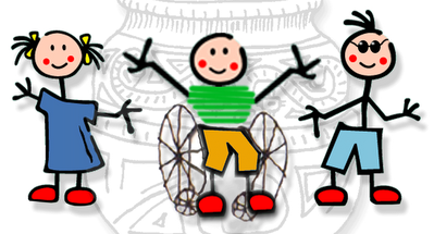 Desenho de três crianças e uma é cadeirante.