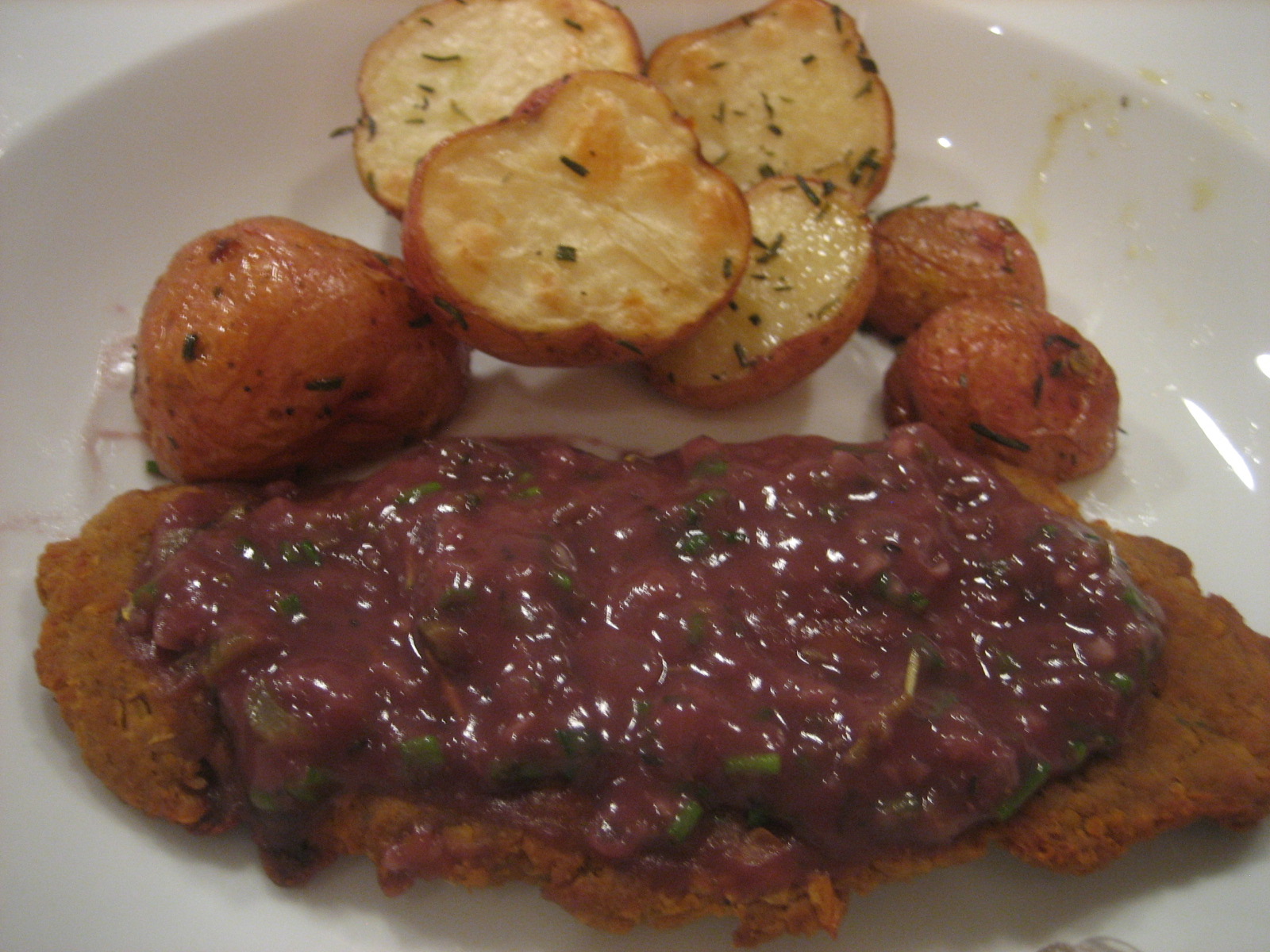 The Veracious Vegan Chickpea Cutlets in Red Wine Roux w/ Roasted Potatoes