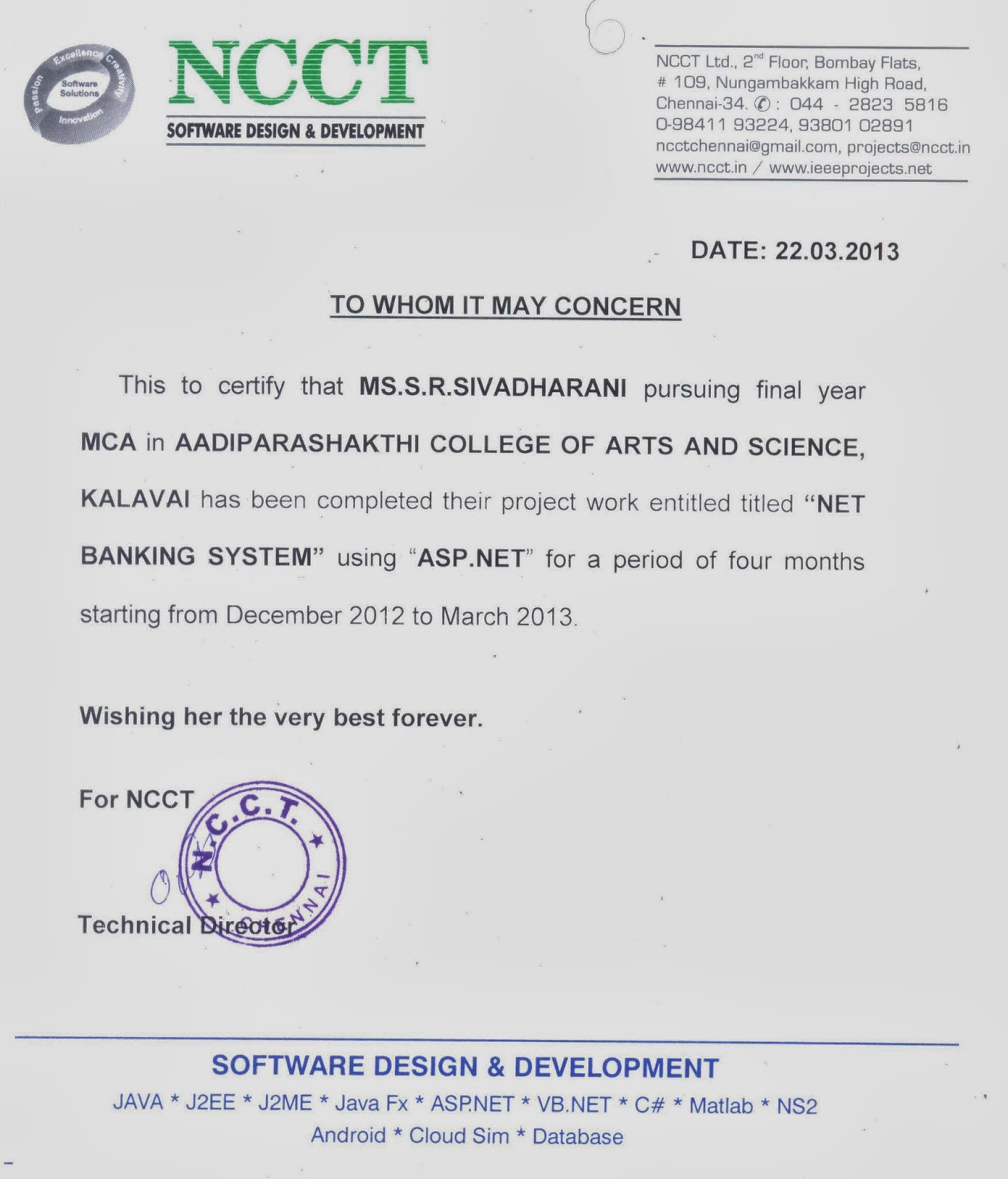 certificate for project work